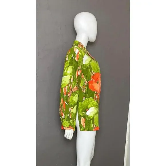 1960's MOD Watercolor Floral Avocado Green + Orange Shirt Dagger Collar Large - Picture 4 of 9